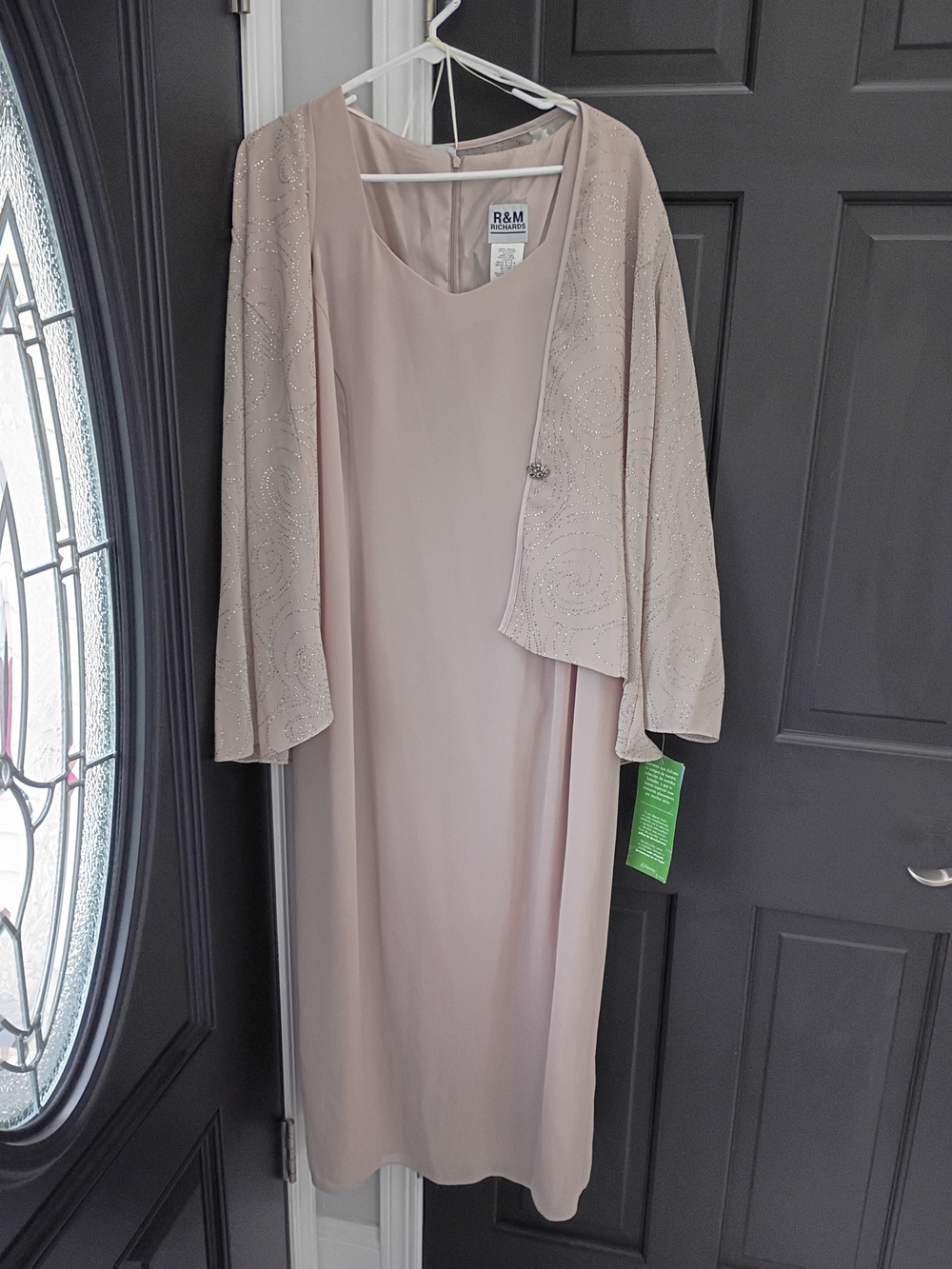 R & M Richards Blush Pink Long Sleeve Evening Dress with Beaded Jacket